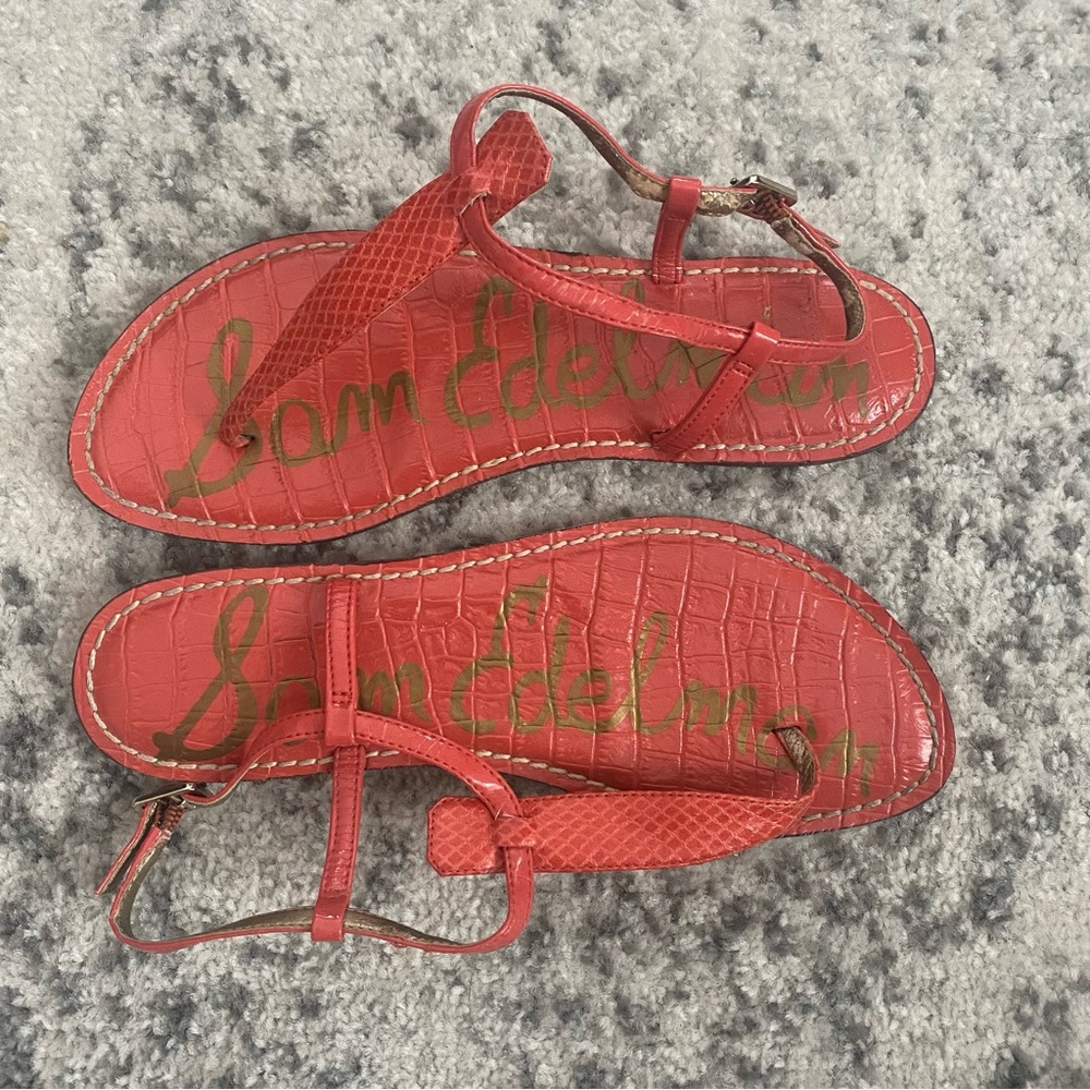 Orange/Red Croc-Embossed Sandals with Silver Accents